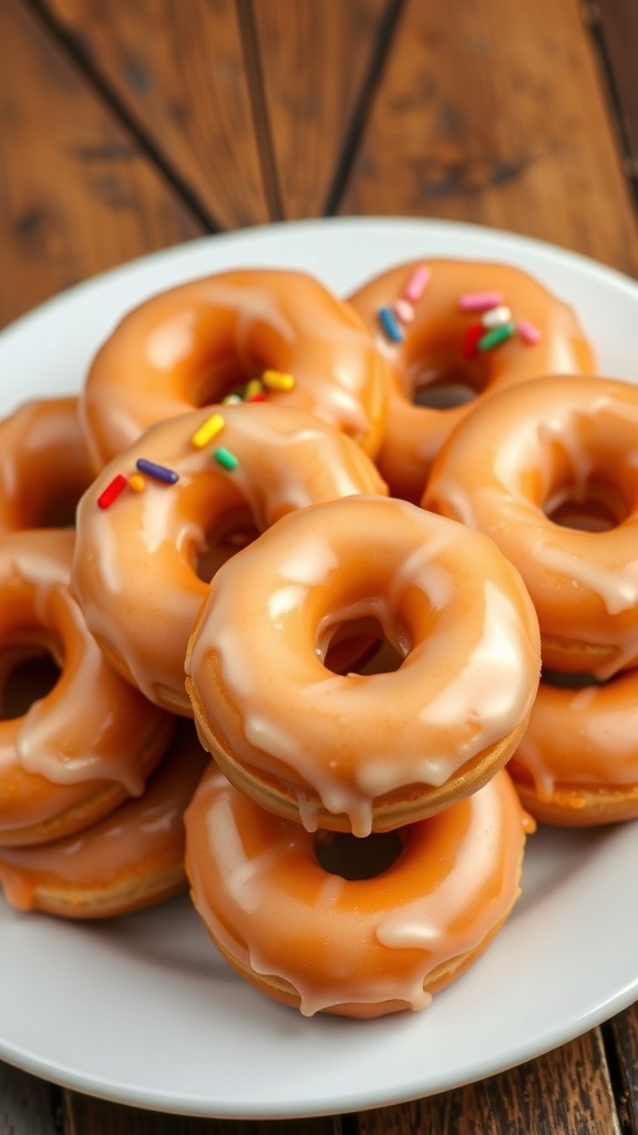A plate of golden glazed donuts with sprinkles on a rustic wooden table.